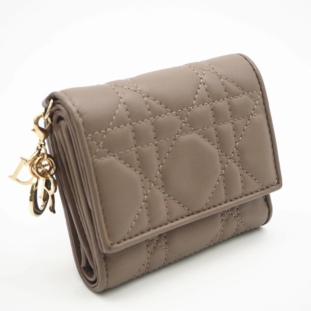 Christian Dior Cannage Lambskin Lady Lotus Wallet Tri fold Beige